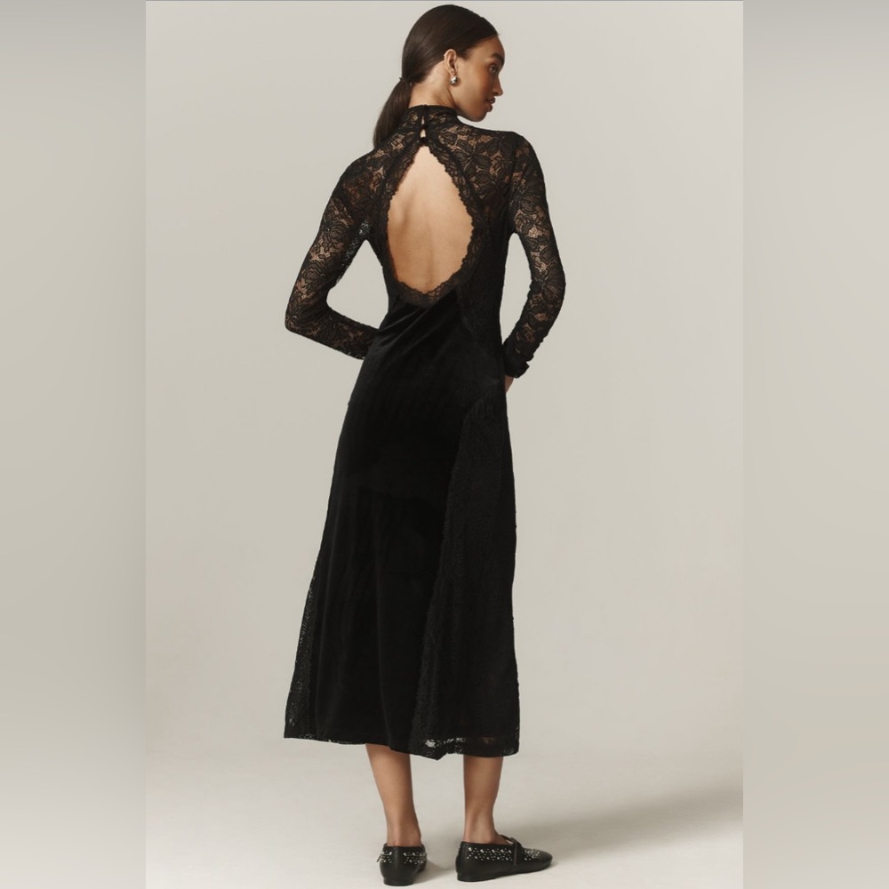✨ Anthropologie Long-Sleeve Mock-Neck Lace Velvet Slip Midi Dress Sz M - Picture 3 of 5